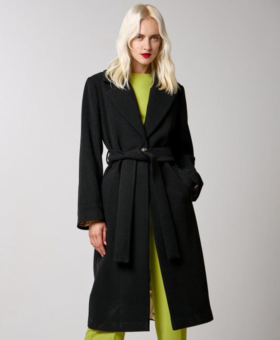 Clothing access fashion | Black Coat With Monogram Button And Belt