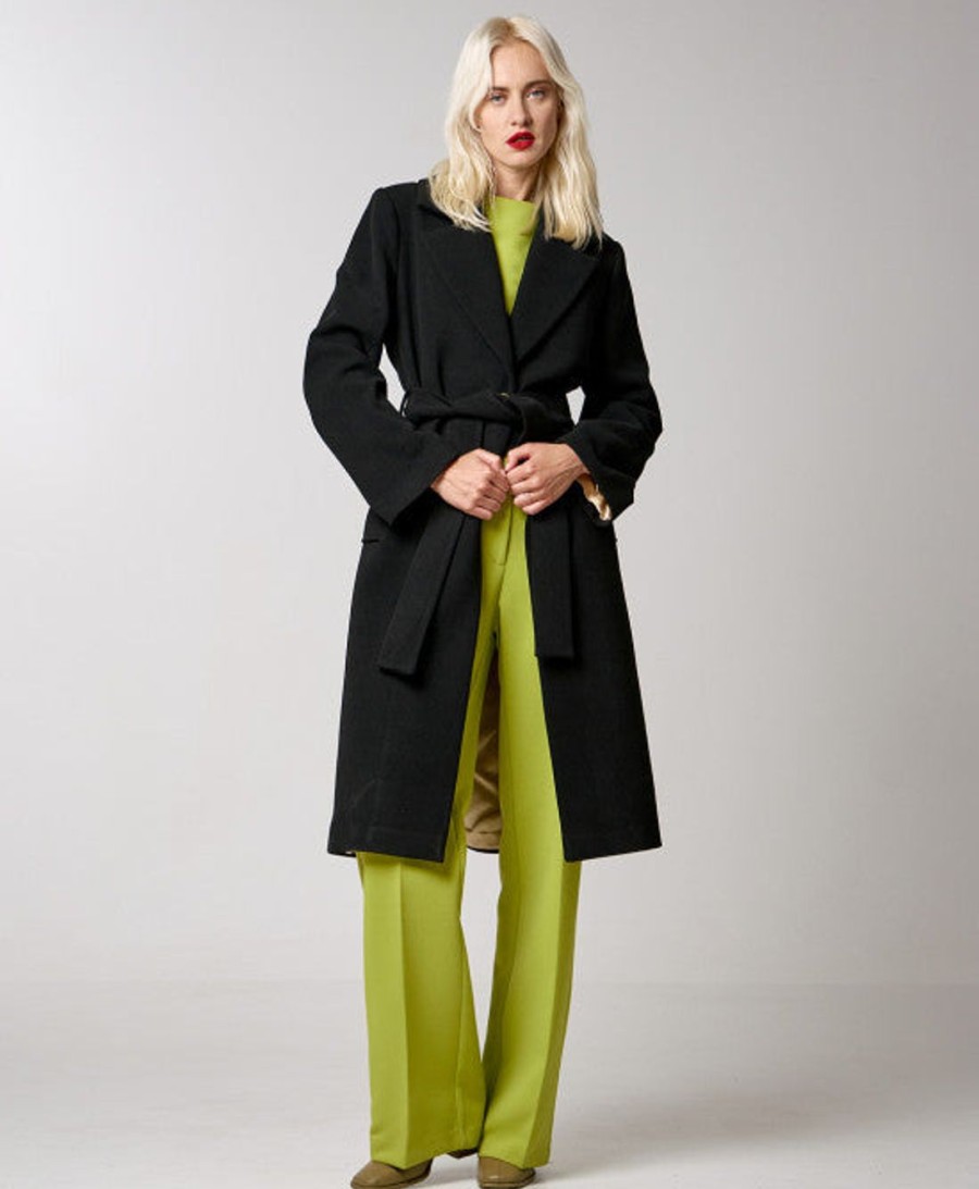 Clothing access fashion | Black Coat With Monogram Button And Belt