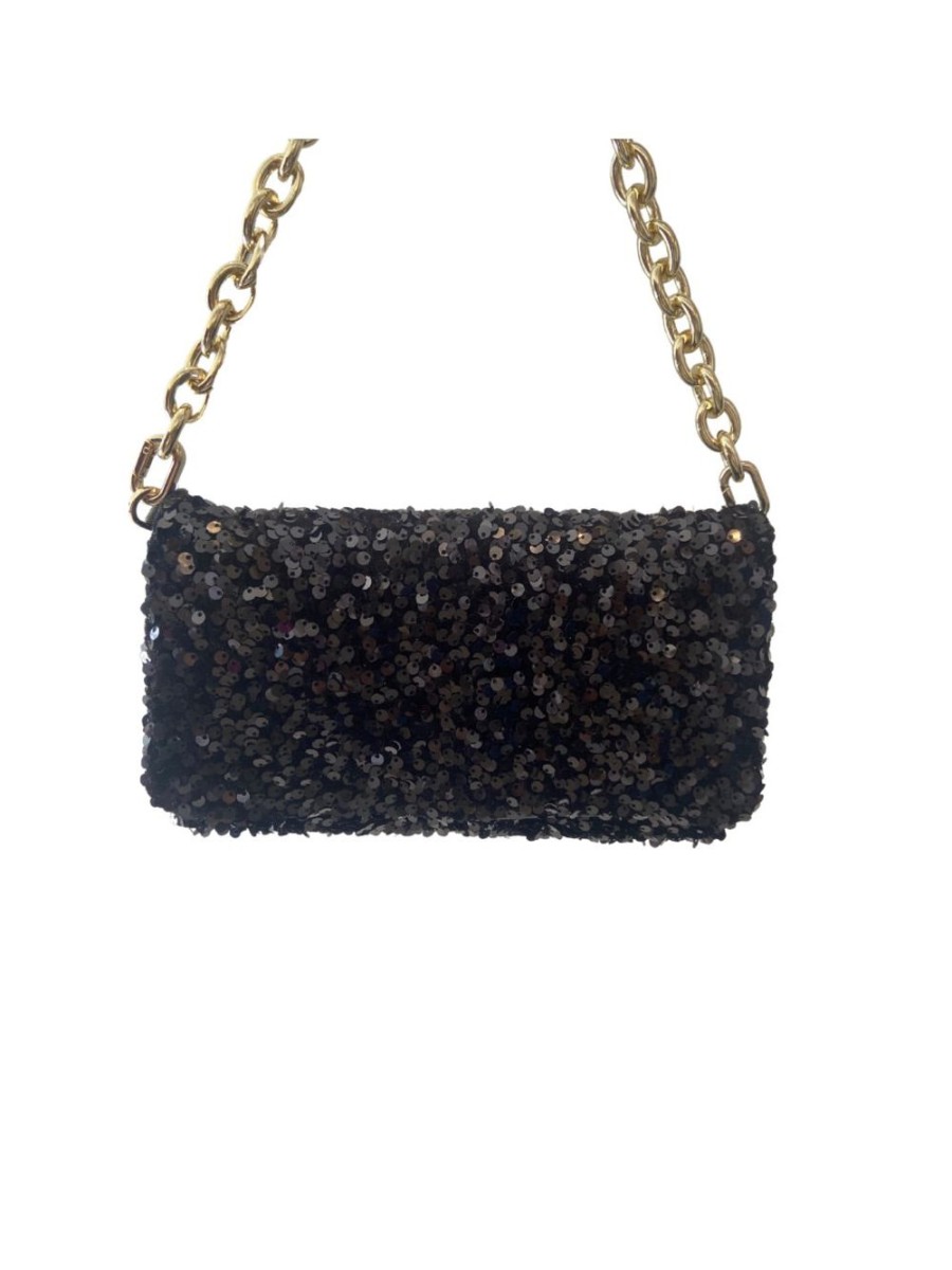 Accessories Abro | Black Sequin Clutch With Gold Chain Strap