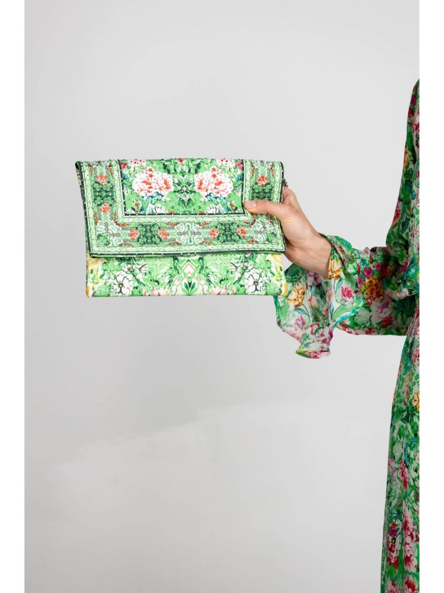 Accessories Inoa | Clutch Bag With Crystals In Versailles Gardenia Green