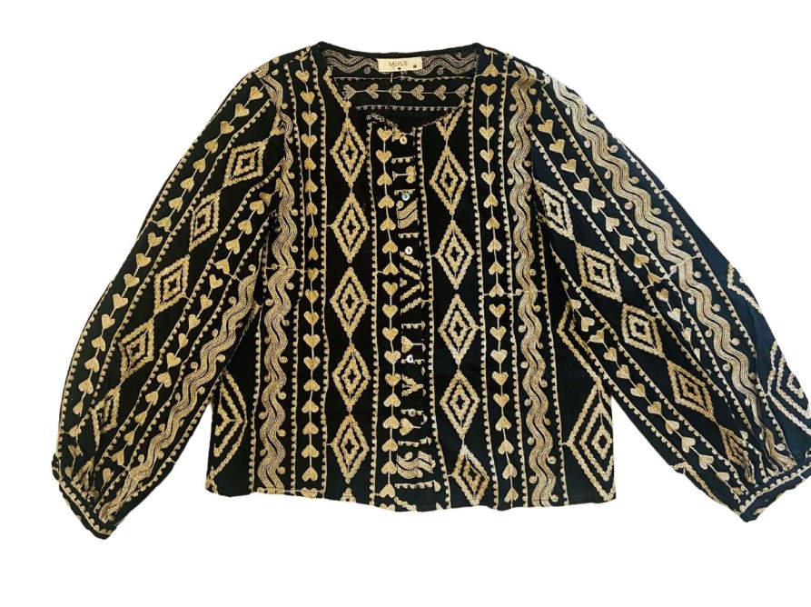 Clothing Meisie | Black And Gold Embroidered Blouse