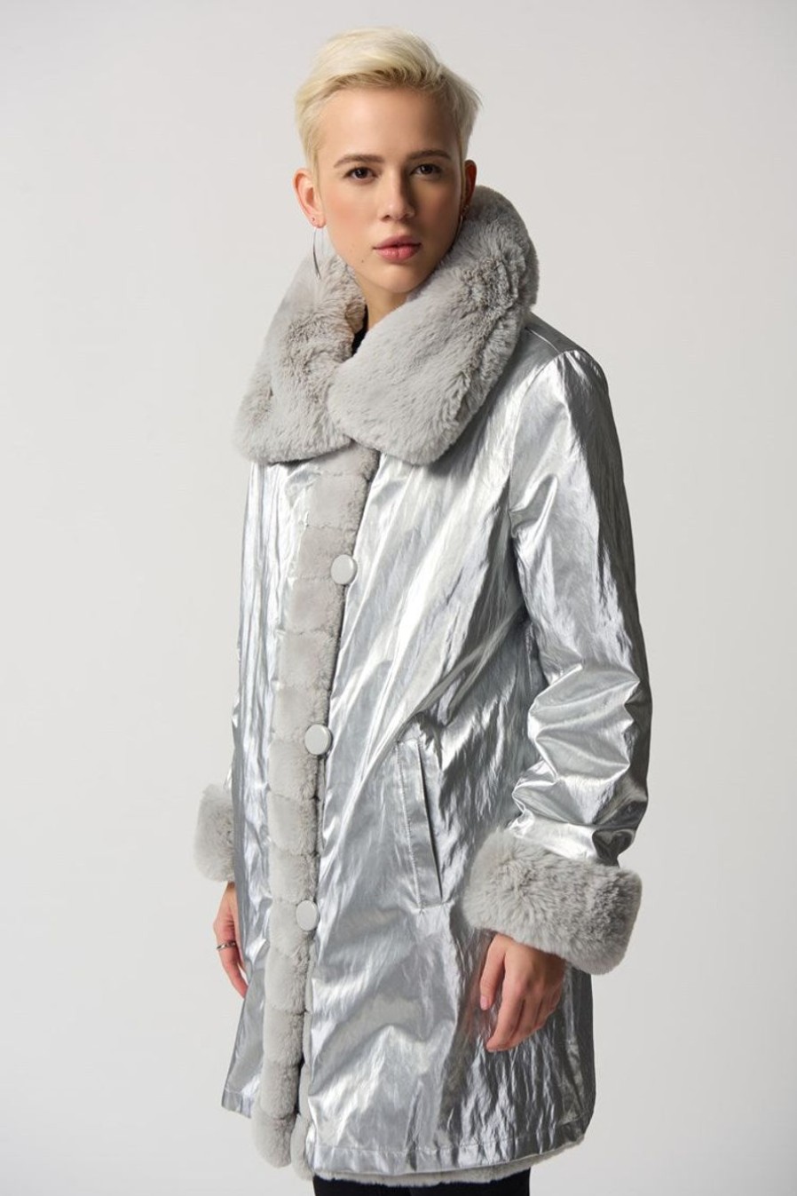 Clothing Joseph Ribkoff | Faux Fur Reversible Coat In Silver